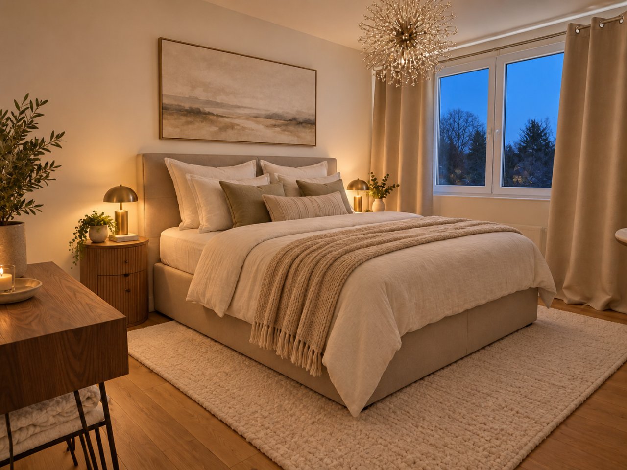 Helles Schlafzimmer mit großflächigen Fenstern und eleganter Raumaufteilung Helles Schlafzimmer mit großflächigen Fenstern und eleganter Raumaufteilung