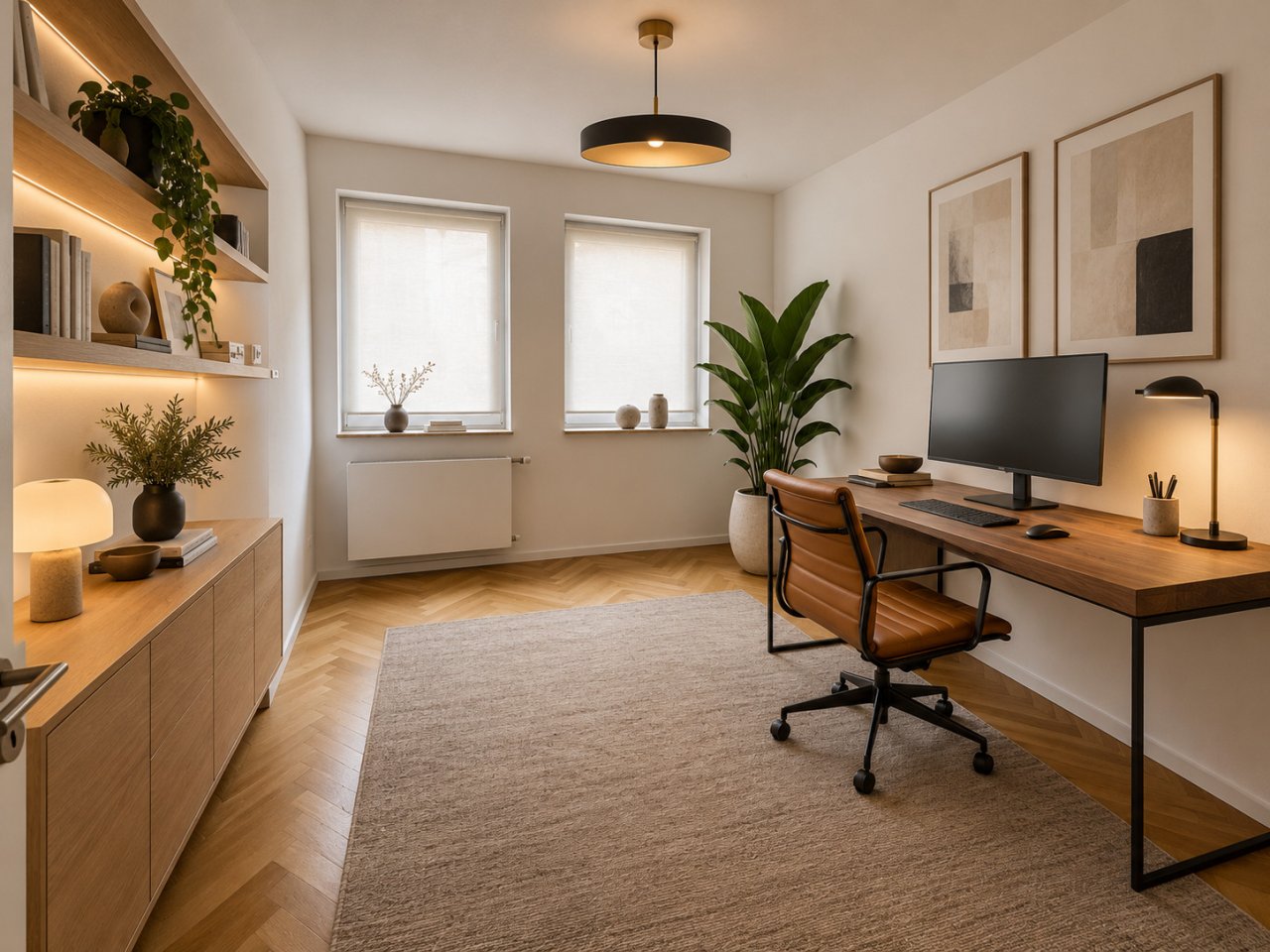 Helles Arbeitszimmer mit integrierter Arbeitsplatzzone und Stauraum Helles Arbeitszimmer mit integrierter Arbeitsplatzzone und Stauraum