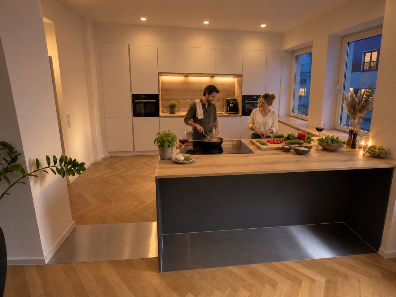 Moderne Küche mit zentraler Kochinsel und offener Raumgestaltung Moderne Küche mit zentraler Kochinsel und offener Raumgestaltung