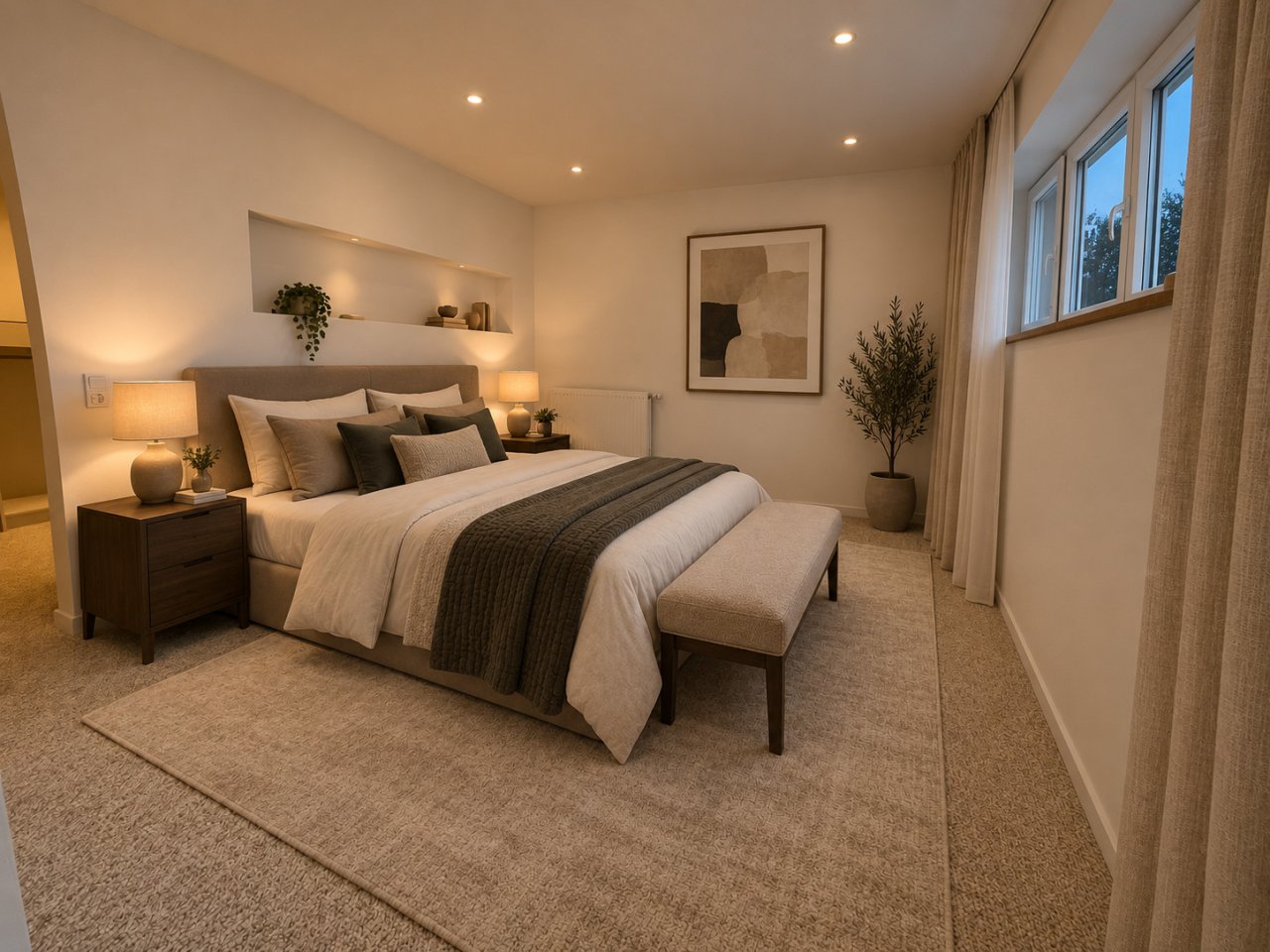 Hauptschlafzimmer mit begehbarem Ankleidebereich und Fensterfront Hauptschlafzimmer mit begehbarem Ankleidebereich und Fensterfront