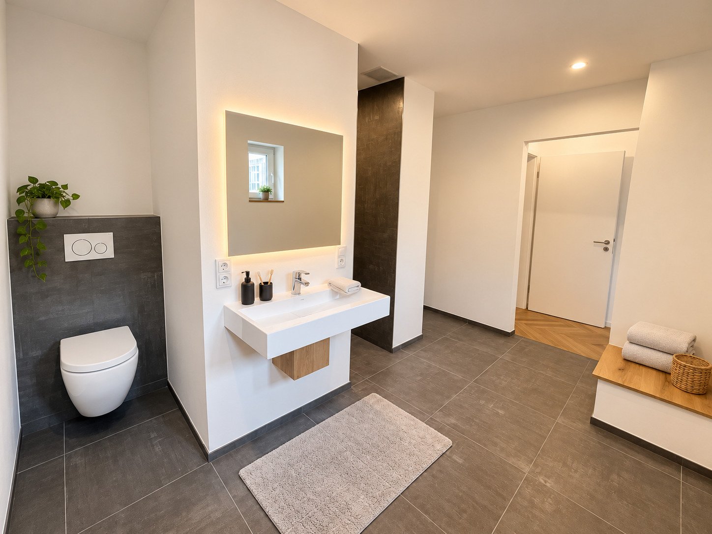 Modernes Badezimmer mit separatem WC-Bereich und großflächigem Waschtisch Modernes Badezimmer mit separatem WC-Bereich und großflächigem Waschtisch