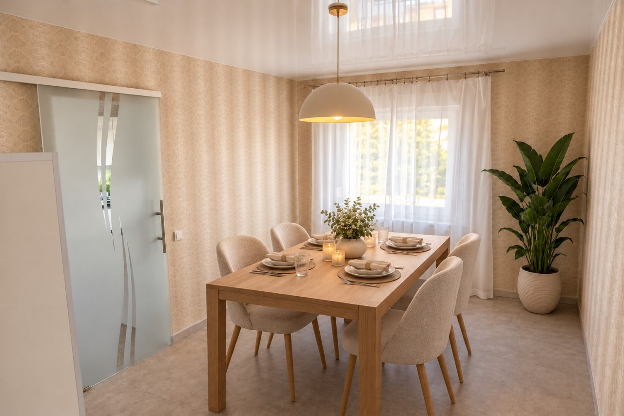 Speisezimmer mit großflächiger Fensterfront und offener Verbindung zur Küche Speisezimmer mit großflächiger Fensterfront und offener Verbindung zur Küche