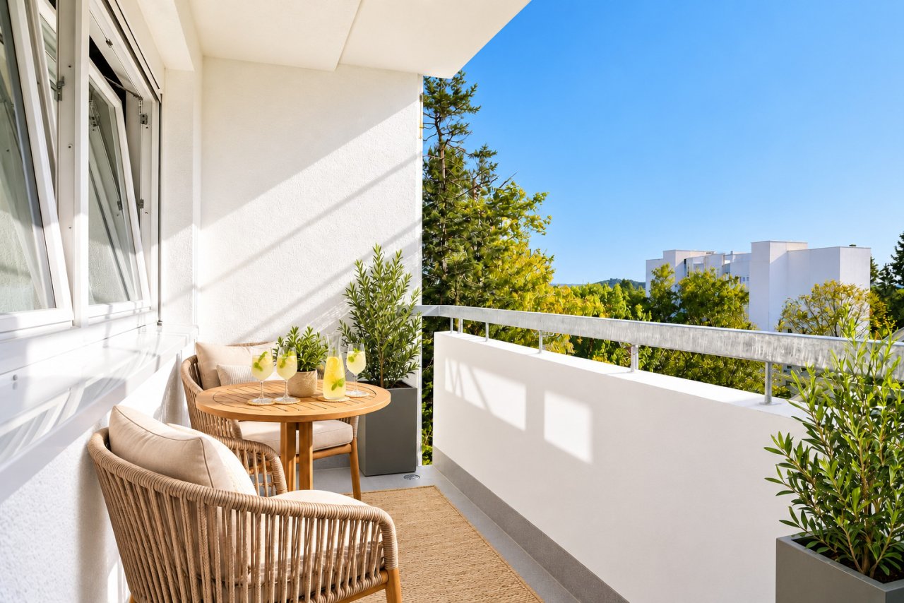 Balkon mit freiem Blick und direktem Zugang zur Wohnfläche Balkon mit freiem Blick und direktem Zugang zur Wohnfläche