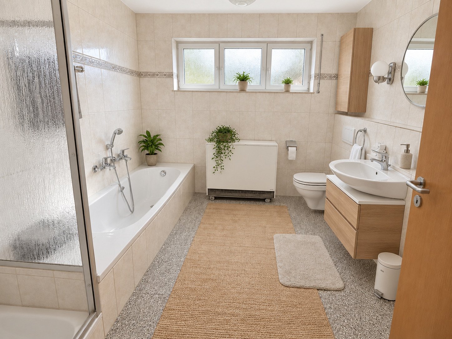 Badezimmer mit separater Wanne und Dusche sowie großem Fensterband Badezimmer mit separater Wanne und Dusche sowie großem Fensterband