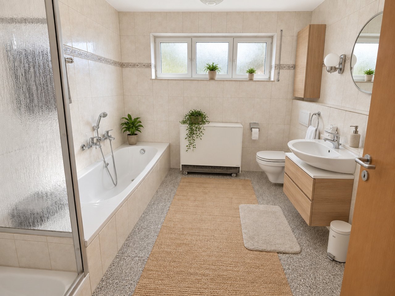 Badezimmer mit separater Wanne und Dusche sowie großem Fensterband Badezimmer mit separater Wanne und Dusche sowie großem Fensterband