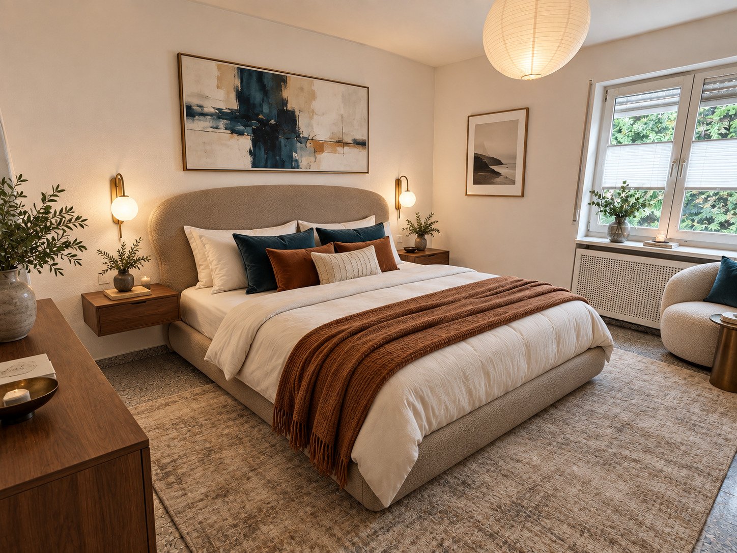 Helles Schlafzimmer mit bodentiefen Fenstern und integrierter Wärmequelle Helles Schlafzimmer mit bodentiefen Fenstern und integrierter Wärmequelle