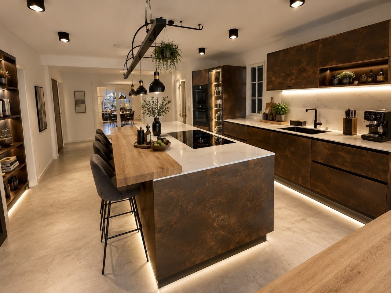 Moderne Designerküche mit zentraler Kochinsel und integriertem Essbereich