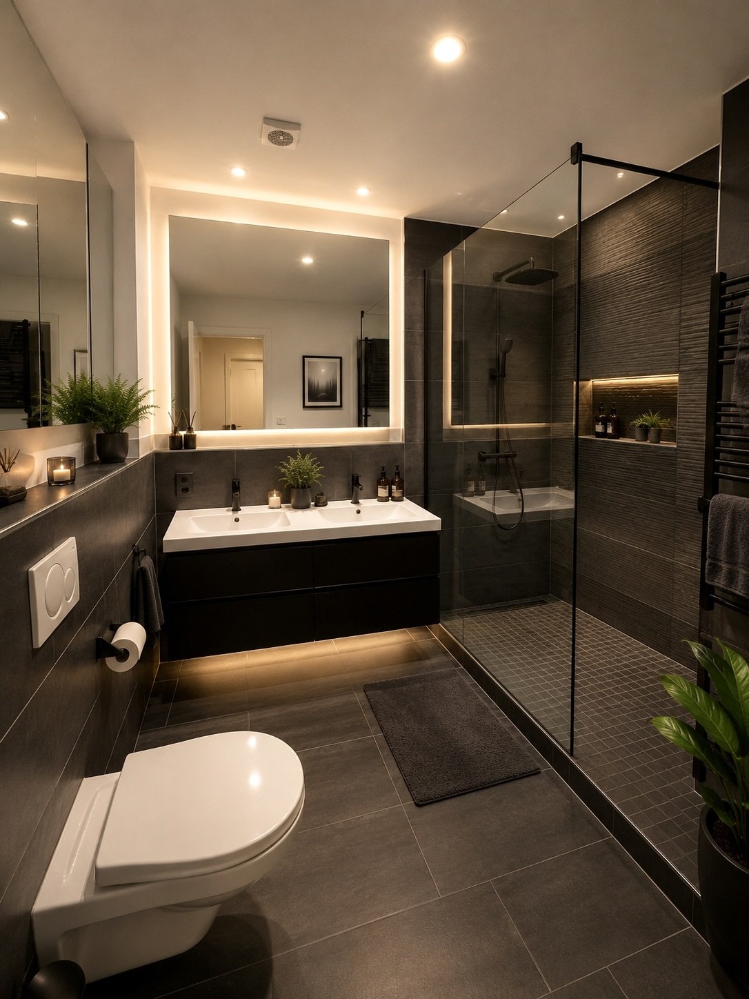 Modernes Badezimmer mit begehbarer Dusche und LED-Spiegelbeleuchtung
