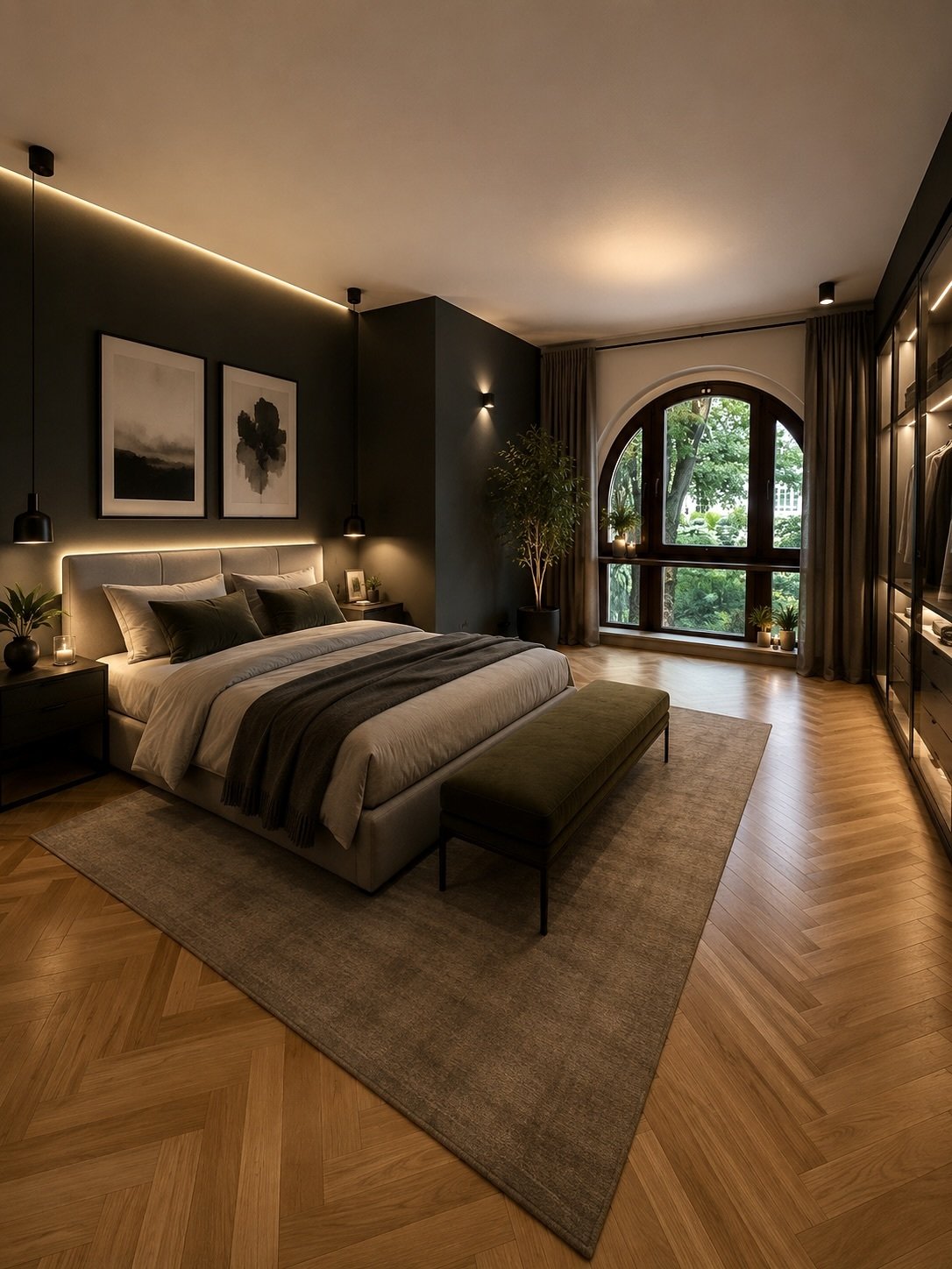 Hauptschlafzimmer mit integrierter Beleuchtungsarchitektur und Rundbogenfenster zum Garten