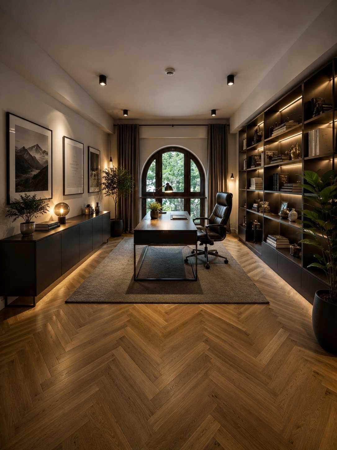 Repräsentatives Arbeitszimmer mit bodentiefem Rundbogenfenster und umlaufenden Einbauregalanlagen