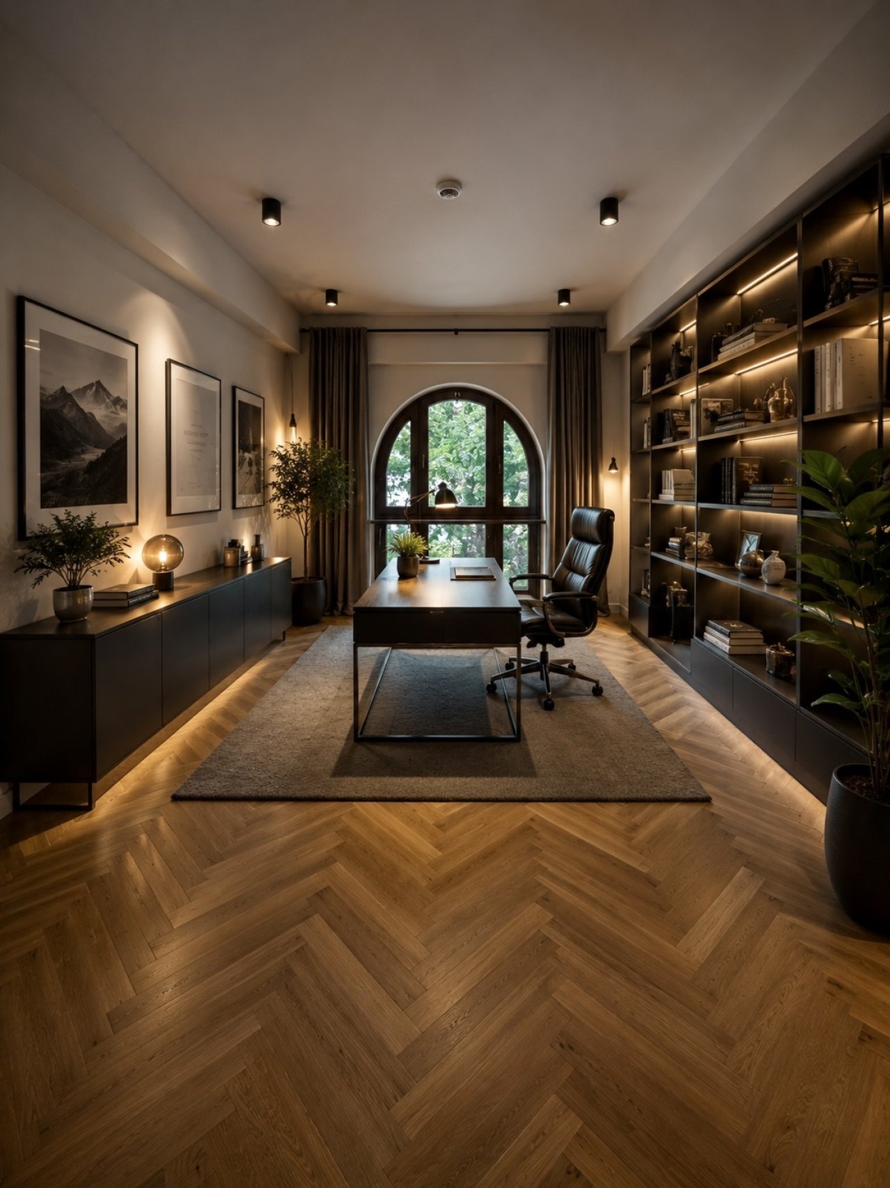 Repräsentatives Arbeitszimmer mit bodentiefem Rundbogenfenster und umlaufenden Einbauregalanlagen