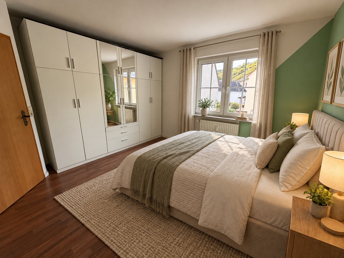 Helles Schlafzimmer mit großzügiger Schrankanlage und Fensterfront Helles Schlafzimmer mit großzügiger Schrankanlage und Fensterfront