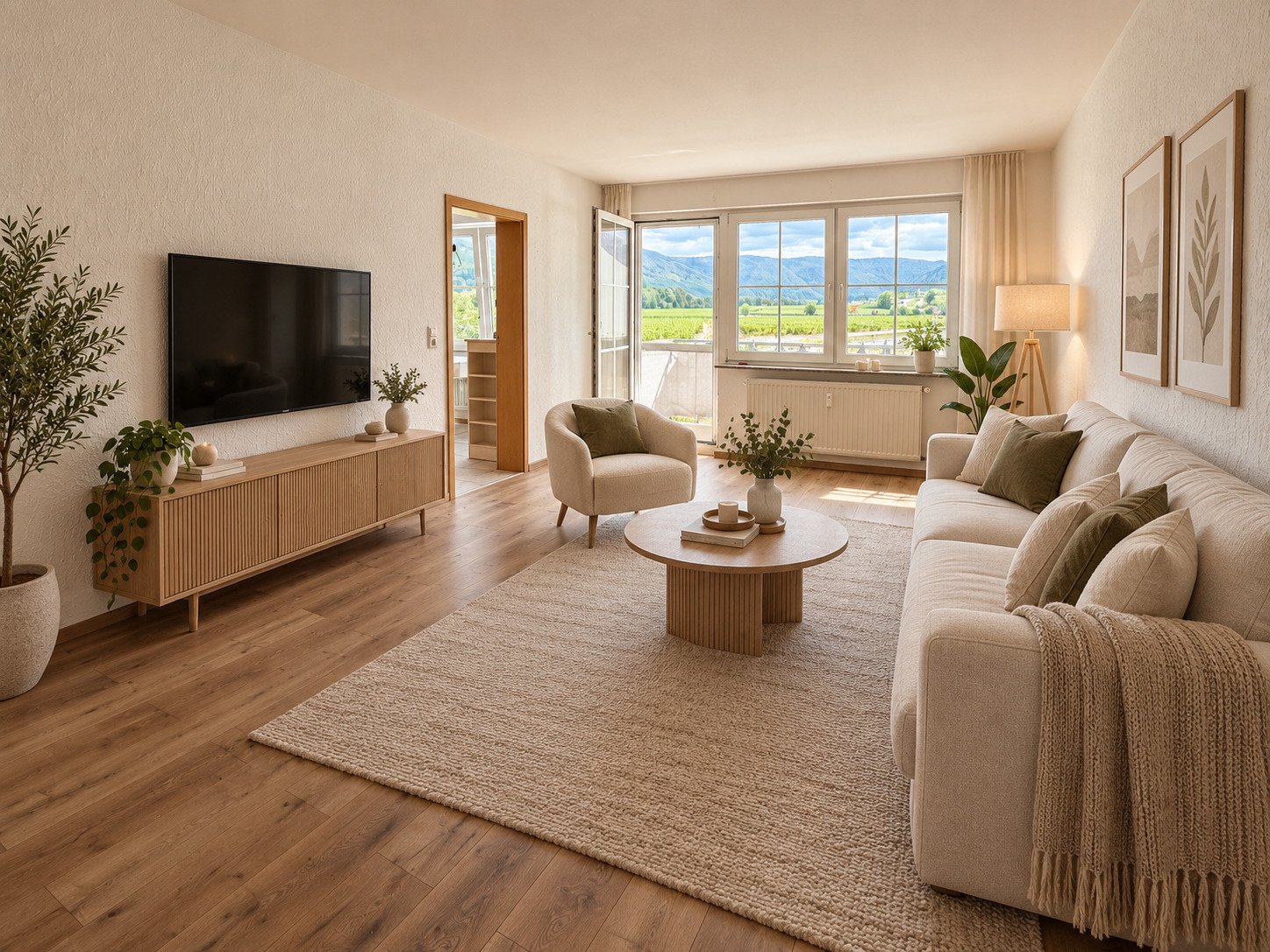 Wohnzimmer mit Panoramafenstern und freiem Bergblick Wohnzimmer mit Panoramafenstern und freiem Bergblick