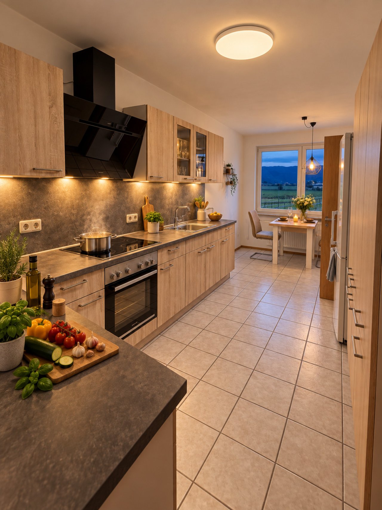 Moderne Küche mit hochwertigen Geräten und Panoramablick Moderne Küche mit hochwertigen Geräten und Panoramablick