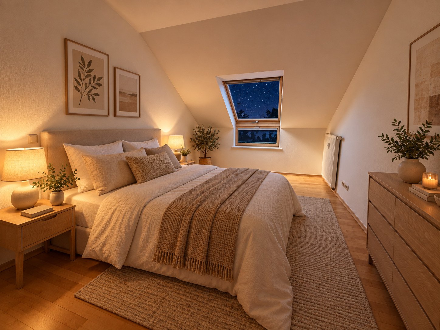 Schlafzimmer mit Dachfenster und durchdachtem Raumkonzept Schlafzimmer mit Dachfenster und durchdachtem Raumkonzept
