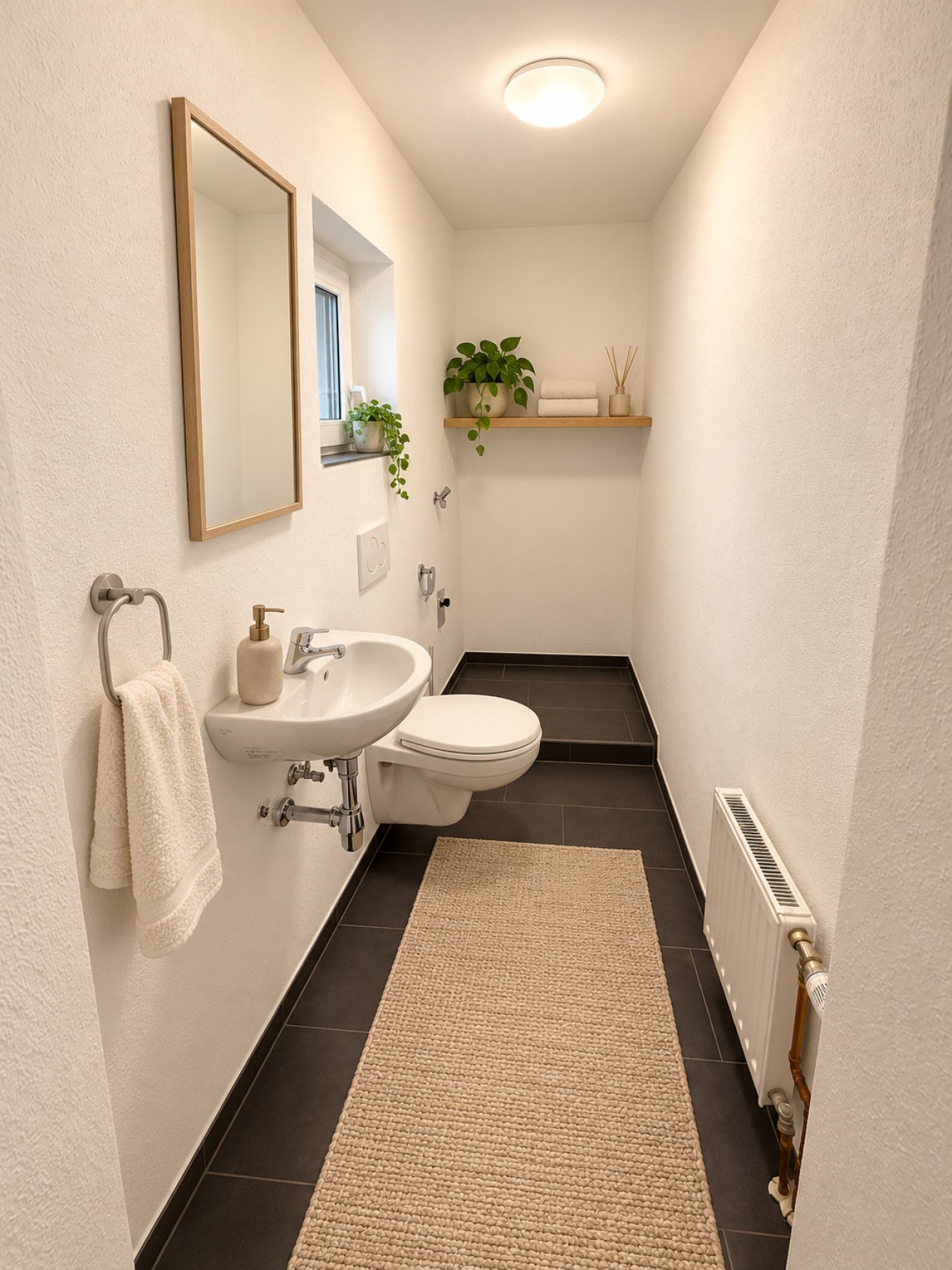 Elegantes Gäste-WC mit praktischer Raumaufteilung und modernem Fliesenbelag